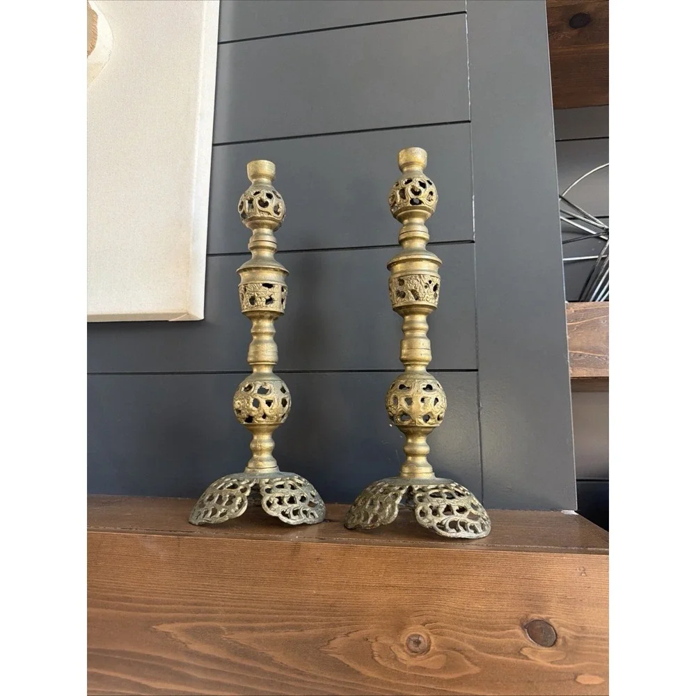Pair Brass Filigree Taper Candlesticks 13